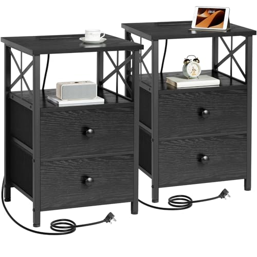 AMHANCIBLE Nachttisch mit Ladestation, Nachtschrank 2er Set, Beistelltisch mit 2 Stoffschubladen, Sofa Beistelltisch für kleine Räume, Nachttisch für Wohnzimmer, Schwarz HET05XBK