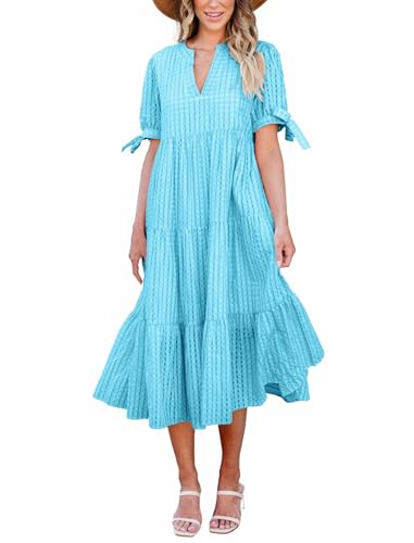 Image of Theenkoln Womens Casual Midi Dress: Short Sleeve V-Neck Empire Waist Gingham Spring Fashion Long Trendy Tiered Formal Dresses