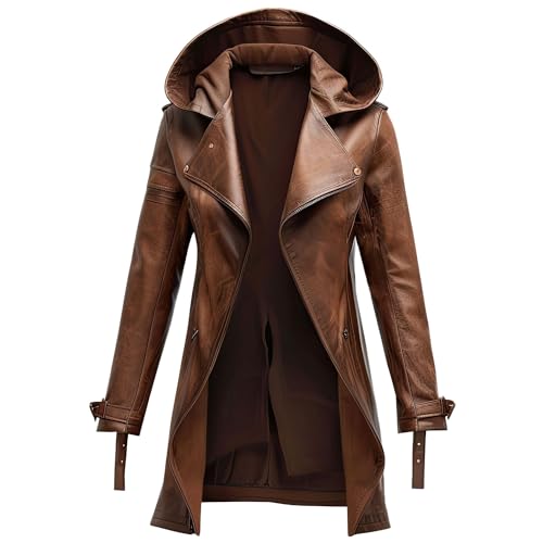 Men's Vintage Brown Distressed Sheepskin Leather Trench Coat with Hood, Mid-Length Casual Winter Jacket.