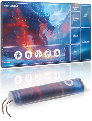 NiHome Playmat Compatible with MTG Magic The Gathering 24 x 14 Inch - Non-Slip Rubber Base Stitched Edges Card Zones & Protective Storage Sleeve (Ice Dragon)