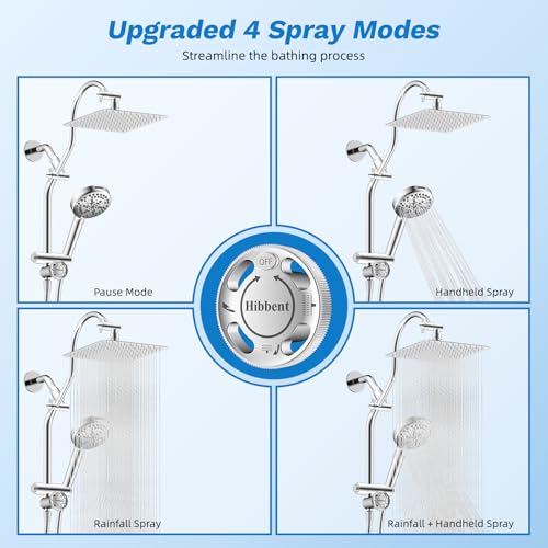 Image of Hibbent High Pressue All Metal 10 inch Rainfall Shower Head, Handheld 10-Spray | cUPC Certified Chrome Dual Showerhead Combo, 4-way Diverter with Pause Mode, Brass Extension Arm, 71'' Shower Hose & Holder
