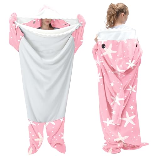Touchat Shark Blanket Onesie for Adult Super Soft Cozy Flannel Throw Wearable Blanket Hoodie, Cartoon Animals Shark, Sleeping Bag Cosplay Shark Costume Blanket Gifts for Shark Lovers (PStarfish,M)