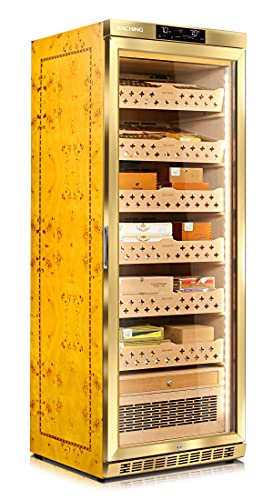 Cigar Climate Control Cabinet, Raching MON2800 Cigar Humidor Cabinet with Ammonia Removal, 320L Wood Frame Cabinet for Cigar Storing&Aging - Gold