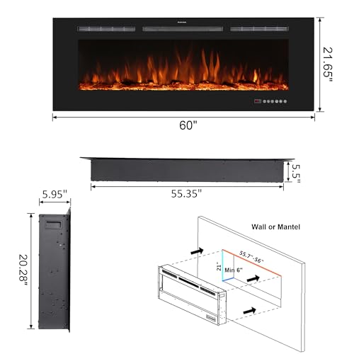Benrocks 60'' Smart Electric Fireplace Inserts, Recessed & Wall Mount Electric Heater and Linear Fireplace with APP& Touch Screen &Remote Control, 62-99°F Temperature, Hard Wired & Plug in