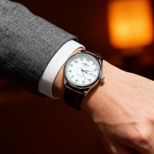 Gute Leather Classic Winner Mechanical Analog Watch White Dial Blue Hands Pu Band Self-Wind Men-Standard