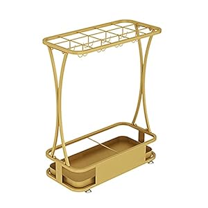 ZJYWMM Ruimtebesparende Organizer Paraplu Stand Rek, Metalen Schroef Versterking Afvoerlade Ontwerp Rotan Ontwerp Indoor Amerikaanse Land Stijl, 3 kleuren, 3 Maten (Kleur: GOUD, Maat: 44X24X60