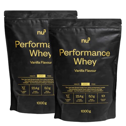 nu3 Performance Whey Protein Vanille 1kg – Eiweißpulver für Muskelaufbau, cremig, ohne Klümpchen, gelatinefrei, ohne Zuckerzusatz, kalorienfrei, löslich in Wasser & Milch, ideal für Sportler 2x1000 g