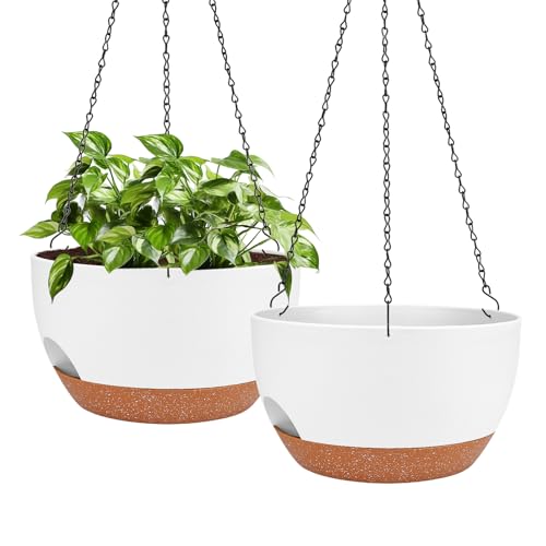 Lucieblessdesign Hanging Planters for Outdoor Indoor Plants 2 Pack 12 Inch Hanging Basket Plants Outdoor Self Watering Hanging Planter with Plant Hanger for Garden Home Decoration (White)