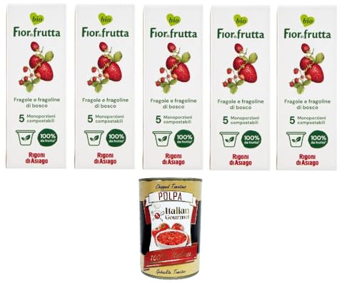 Rigoni di Asiago Fior di Frutta Confettura di Fragoline 5 monodosi Fior di Frutta Mermelada de Fresa 5 latas individuales 5 x 100 gr + Polpa di Pomodoro italiana Gourmet Polpa di Pomodoro 400 gr