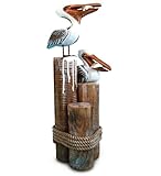 COTA Global Nautical Wooden Pelican Couple Statue - Crafted Pelican Couple Perched on Wood Posts with Beach Style Ropes - Decorative Tabletop Sea Birds Statue Centerpiece - Handmade, Color May Vary
