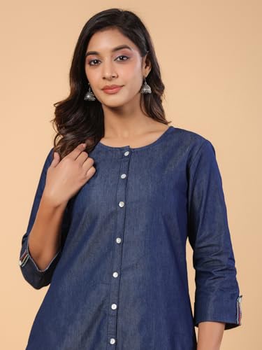 Image of SAVI Women's Blue Denim Embroidered Kurta | Round Neck Front Button A-Line Kurti with 3 /4 Sleeves | Ethnic Casual Wear