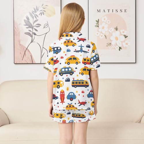 Satin Pajama Sets Short Sleeve Transportation Vehicles on Colorful Button Down Silky Nightwear 2 Piece PJS 5-14Y4