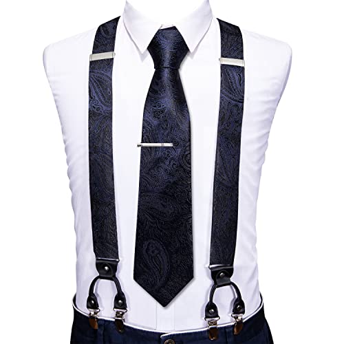 Image of Barry.Wang Men Suspender Set with Necktie Elastic Y Type Heavy Duty 6 Clips Braces Tie Handkerchief Cufflink Pin 6PCS