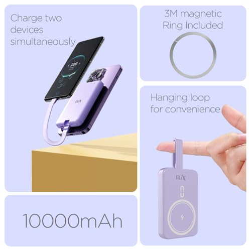 Image of FLiX MagConnect Pro 10k 15W Magnetic Wireless Output,22.5W QC /PD /PPS Pocket Power Bank,Inbuilt Type C & Lightning Reversable Cable Input /Output,LED Display,Perfect for iPhone 12,13,14(Purple)