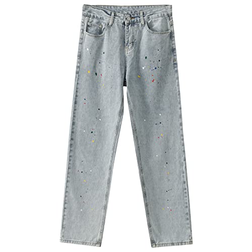 Men Distressed Paint Splatter Jeans Vintage Washed Straight Fit Denim Pants Retro Hip Hop Loose Jean Trousers