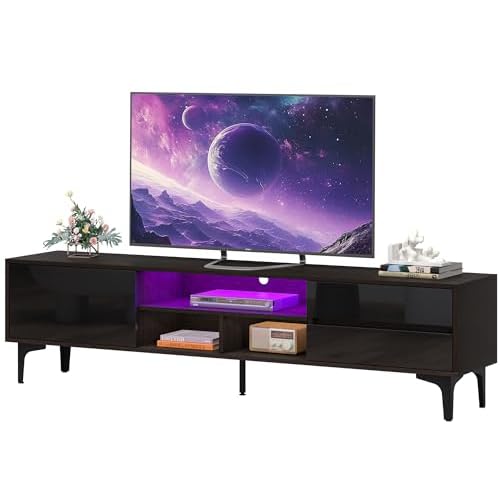 Clikuutory Modern LED 63 Inch TV Stand with Storage Cabinets and Drawers for 40 50 55 60 65 70 75 Inch TVs, Wood TV Console with High Glossy Entertainment Center for Living Room, Bedroom, Black