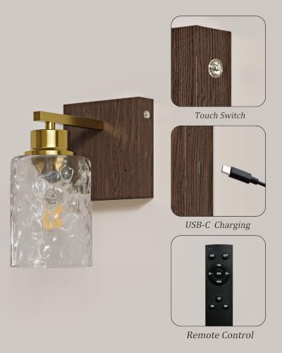 Image of Hammered Glass Battery Operated Wall Sconces Set of Two Gold & Walnut | Dimmable Rechargeable Wall Lights with Remote Timer, Easy Install Lamp for Living Room Bedroom, Emergency 3000K