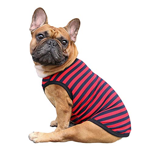 iChoue T-shirt a righe con bulldog francese, 100% cotone traspirante, per cani di taglia media, canottiere Frenchie Pug English Boston Terrier Pitbull, strisce rosse e blu, taglia L