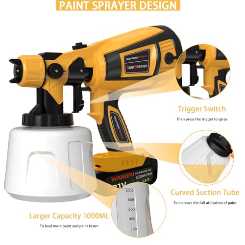 TOPALL Paint Sprayer,200W 32000PRM 1000ML HVLP Upgraded Spray Gun Paint with 5 Nozzles and 3 Patterns, Paint Sprayer for Fences and Sheds,Sheds, Cabinet, Walls, Furniture, Ceiling(Yellow) - Image 5