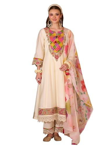 Image of INDO ERA Women's Silk Blend Floral Embroidered A-Line Kurta & Pant with Dupatta Set (IEOUT12374)