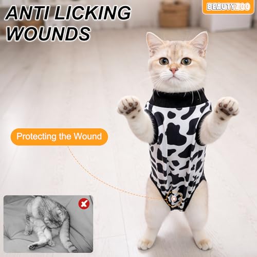 Image of BEAUTYZOO Cat Surgery Recovery Suit, Female Spay, Male Neuter, 2 Pack | Onesie for Cats After Surgery, Anti Licking Wounds, Cone of Shame Alternative, Surgical Recovery Anxiety Vest, Grey Cow XS