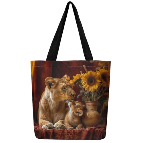 Lion Family Canvas Bag,Farmhouse Sunflower Reusable Grocery Bag,African Tropical Lions Large Capacity Shopping Gym Bag