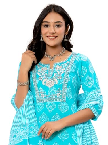 Image of Amayra Women's Cotton Embroidered Straight Kurta with Palazzo Pant and Dupatta Set