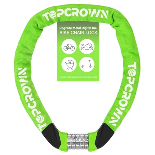 Topcrown Bike Chain Lock Upgrade Metal Digital Dials 3.2Ft Long High Security Heavy Duty Anti Theft, 5 Digit Combination Keyless Bicycle Lock for Bike/Electric Scooter/Ebike/Motorcycle(Neon Green)