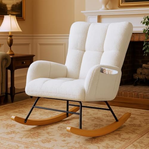 Image of COMHOMA Nursery Rocking Chair, Teddy Upholstered Glider Rocking Chair with Side Pockets, Accent Chair with High Backrest Reading Chair for Adult, Nursery, Bedroom, Living Room,Offices (White)