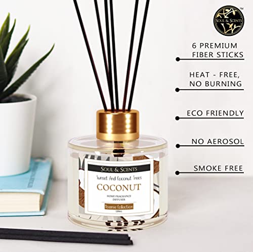 Image of Soul & Scents Coconut Reed Diffuser Set - 120ml with Free 6 Fiber Reed Sticks Each | Toxin Free & Stress Relief | Long Lasting | Smoke Less Room Freshener for Home, Bedroom & Office | Pack of 2