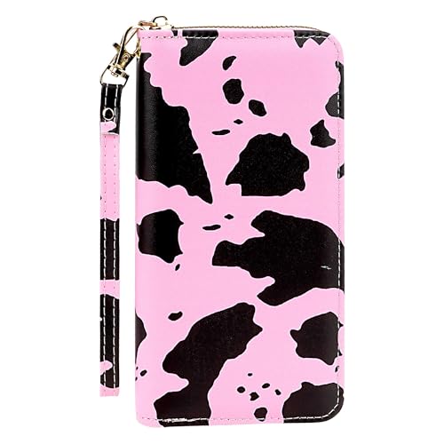 Pink Cow Print Wallet for Women - Long Zip Around Clutch with Wristlet, Credit Card Organizer and Phone Holder