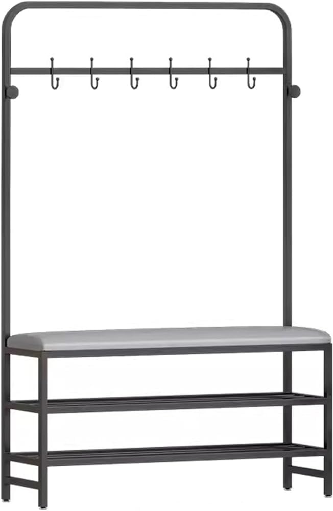 MSHGSKU Hall Tree With Storage Bench And Coat Rack, Freestanding Shoe Storage Organizer With PU Leather Seat, Stable Metal Frame And Hooks For Entryway - Essential Organizer for Entryway Décor and S