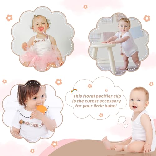 Image of Pacifier Clip for Boys Girls Floral Daisy Macrame Baby Paci Clip Pacifier Holder Leash Boho Wooden Clips Handmade Braided Cotton Binky Clips (1pack:Khaki Style B)