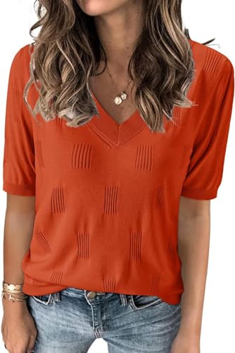 TrendiMax Damen T-Shirt V Ausschnitt Kurzarm Strick Shirt Dünne Pullover Sommer Frühling Strickpullover Casual Oberteile Bluse Tops (S, Orange)