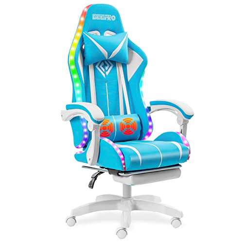 Geepro Gaming Chair Massage with LED RGB Lights and Footrest Ergonomic Computer Chair High Back Video Game Chair with Adjustable Lumbar Support Linkage Armrest Light Blue and White