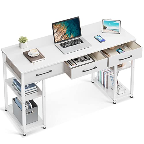 ODK 47" Small Office Computer Desk: Home Table with Drawers Wood Storage Shelves, Modern Work Writing Desk, White + White Leg
