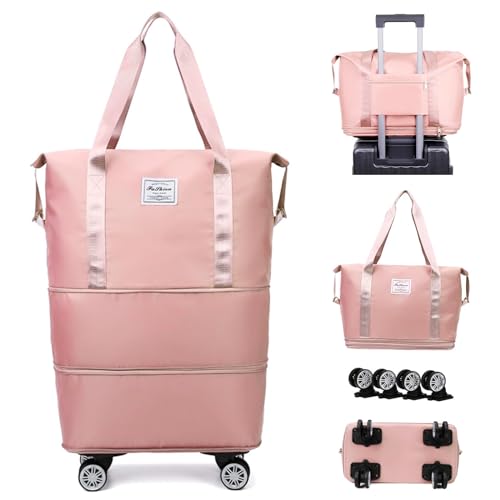 EHOTER Sac de voyage pliable extensible à roulettes avec roulettes amovibles pour homme et femme, rose