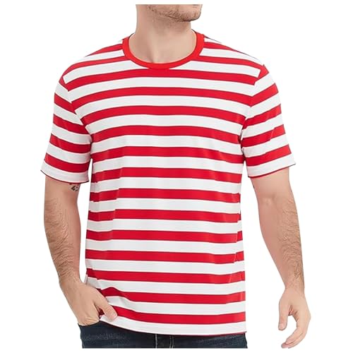 Camisetas para hombre Europeos de color bloque con rayas en azul marino y rayas para hombre, casual, holgado, de moda, cómodo, comercio exterior, tienda, deporte, cuello redondo, manga corta, rojo