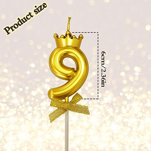 Image of 1 Pc 9 Number Candle for Birthday Cake Metallic Gold Number 9th Birthday Cake Decoration Nine Candle with Crown on Top Cake Topper 0-9 Number Candles for Anniversary (Pack of 1, Gold)