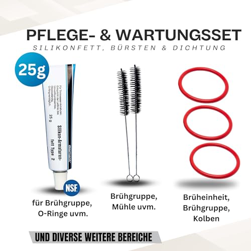 fancility® Zubehör Ersatzteile & Reinigungs-Set für Philips Kaffeevollautomaten 25g Silikonfett, 3 O-Ring Dichtungen für Brühgruppe Brüheinheit uvm. Saeco Latte go Spidem Gaggia etc. + Bürsten (M2)