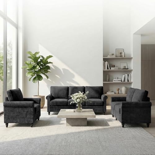 Image of ijuicy 3 PCS Sofa Set, Modern Chenille Living Room Couch Set, Black | Upholstered Sofa, Loveseat and Chair Living Room Furniture Sets with 6 inch Thicken Cushio, Nailhead Trim