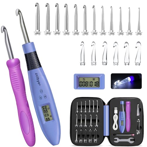 Image of Light up Crochet Hook Set with Stitch Counter Crochet Kit with 22 Different Size Interchangeable Crochet Needle,Ergonomic with 2 Levels Led and Digital Stitch Counter for Crocheting and Knitting