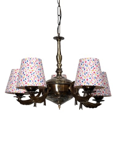 Image of Devansh 05-Light Printed Conical Multicolor Cotton Shade Chandelier - Antique Golden Finish | Adjustable Cord | Warm Glow Lamp - Ceiling Light for Living Room, Dining Area, BedroomDecor - D9