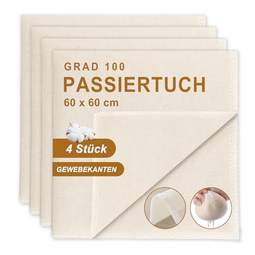 Quelcc 4 Piezas Tela Filtrante Reutilizable, 60 x 60 cm Paño para Queso, Cheese Cloth, Colador Tela para Queso Filtros de Muselina Alimentos para Colar Jugo, Queso, Té, Especias
