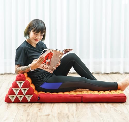 Image of Leewadee 2-Fold Mat with Triangle Cushion - Comfortable TV Pillow, Foldable Mattress with Cushion Made of Eco-Friendly Kapok, 45 x 20 inches, Orange red