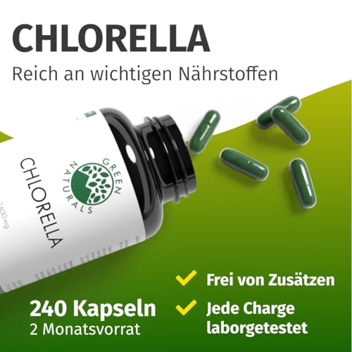 Green Naturals® Chlorella Algen Kapseln - Hochdosiert: 2400mg - 240 Kapseln mit hochdosiertem Chlorella Pulver - Vegan, Glutenfrei & ohne Zusätze - 2 Monate Vorrat