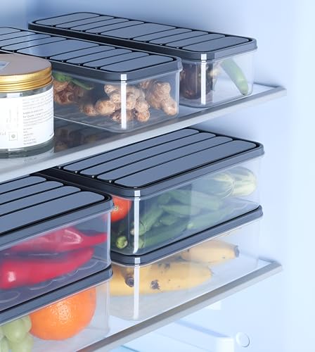 Image of Plastic Fridge Storage Containers Set, 1200ml Stackable Food Storage Boxes with Lid, Pantry & Refrigerator Organizer (Pack of 6, Grey)