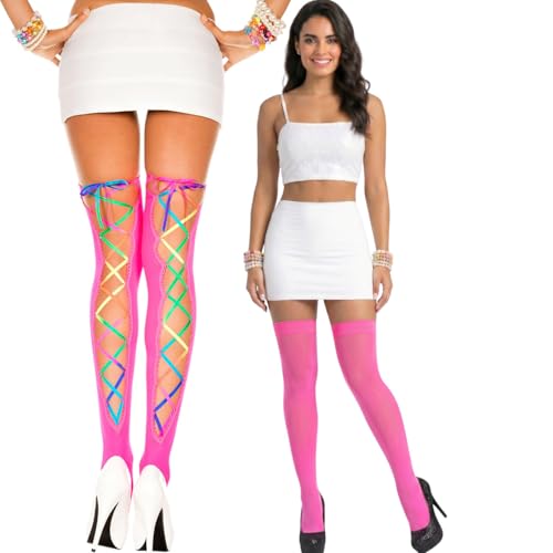 Image of ToBeInStyle Women's Lace Up Back Seam Tights Sheer or Opaque Hosiery Stockings Crisscross Lace Ribbon Zigzag Design