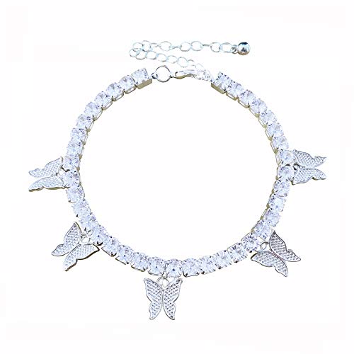 Nanafast Butterfly Tennis Chain Anklet for Women Iced Out 5MM Big Cubic Zirconia Butterfly Beach Chain Anklet for Girls Foot Jewelry,Adjustable-Silver