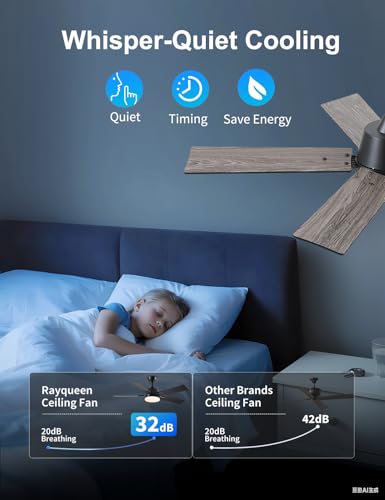 Image of Rayqueen 42 Inch Black Ceiling Fans with Lights and Remote,Includes Downrod